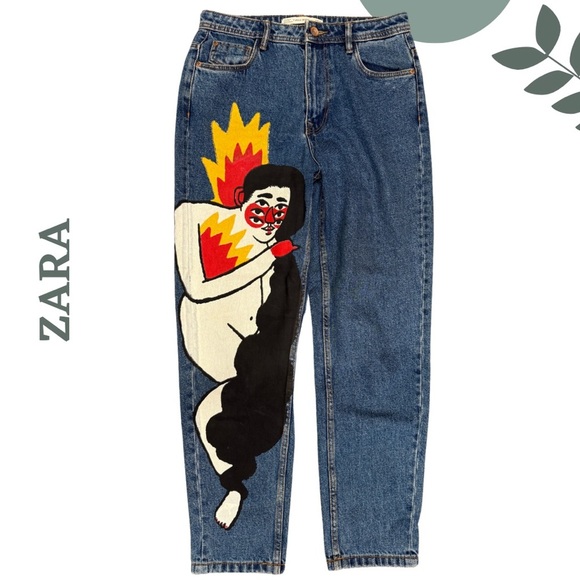 ZARA Ricardo Cavolo Limited Edition Graphic Mom Jeans Hand Painted Size 4 - Picture 3 of 8